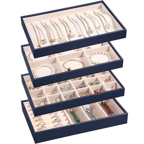 LANDICI 4-Piece Stackable PU Leather Jewelry Organizer Trays, Dark Blue | Four stackable PU leather trays with flannel lining, ring rolls, necklace hooks and removable dividers for customized storage - color: Dark Blue