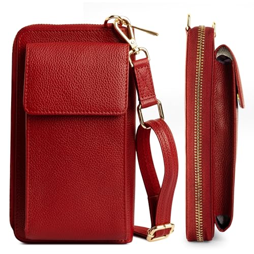 BULL GUARD Crossbody Bag for Women, Leather Phone Wallet Purse with Adjustable Anti Theft Strap & RFID Blocking 12 Card Slots - color: Red Velvet Bliss Latte - Small