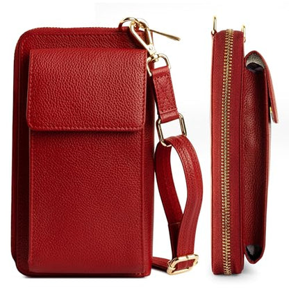 BULL GUARD Crossbody Bag for Women, Leather Phone Wallet Purse with Adjustable Anti Theft Strap & RFID Blocking 12 Card Slots - color: Red Velvet Bliss Latte - Small