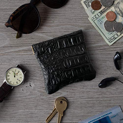 Genuine Leather Squeeze Coin Purse, Coin Pouch Made IN U.S.A. Change Holder For Men/Woman Size 3.5 X 3.5 (Black Croc) - color: Black Croc