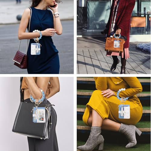 COOLANS Silicone Bracelet Wristlet Wallet Credit Card Holder RFID ID Window Key Ring Tassel Slim Wallet Women Keychain Purse - color: 블루 & 화이트 실리콘 비즈 팔찌+카드 지갑