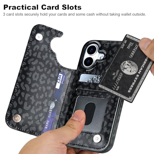 HAOPINSH Wallet Case with Card Holder for iPhone 17, Black Leopard | Back Flip Folio Kickstand ,PU Leather Card Slots Case Wallet for Women Men Girls, Double Magnetic Clasp Shockproof Cover 6.3" - color: Black Leopard