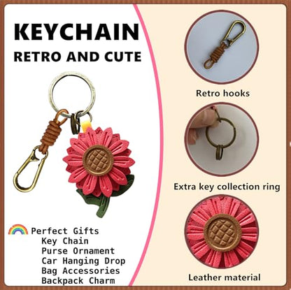 Retro Leather Fruit Leaf Keychain,Bag Charm,Key Organizer for Women - color: Red Daisy
