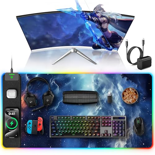 5-in-1 RGB Mouse Pad with 15W Wireless Charging, Keyboard Pad for Desk | 31.5” x 15.8” XXL Large Desk Mat, Gaming Mousepad with Ultra Smooth Surface & Non-Slip Rubber Base, Easy to Clean, Waterproof - color: Upgraded Rgb - Blue Nebula With Adapter