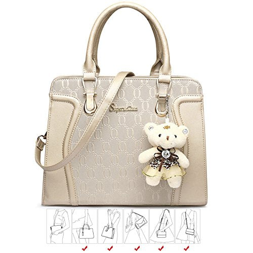 Women's Fashion Handbag Tote Bag Shoulder Top Handle Satchel Purse Set 4pcs | Stylish Style,Chain Texture Design,Ample Space,Bear Doll Decoration,with a Crossbody Strap - color: B-beige