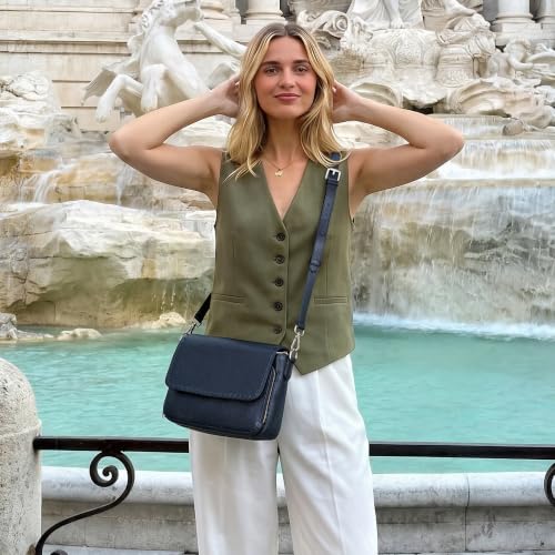 befen Genuine Leather Crossbody Bags for Women Medium Purse with Built in RFID Wallets Womens Cross Body Travel Purses - color: Navy Blue
