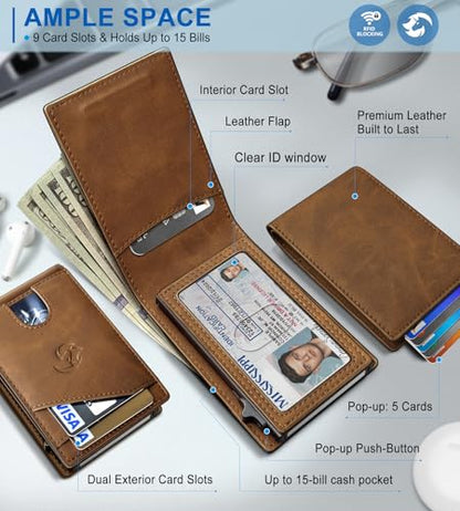 Wallet for Men, Slim Pop Up Card Holder with RFID Blocking, Minimalist Bifold Wallet with 9 Card Slots, ID Window and Cash Pocket, Metal Flip Case with Magnetic Closure, Gift Box - color: Tiger Eye166