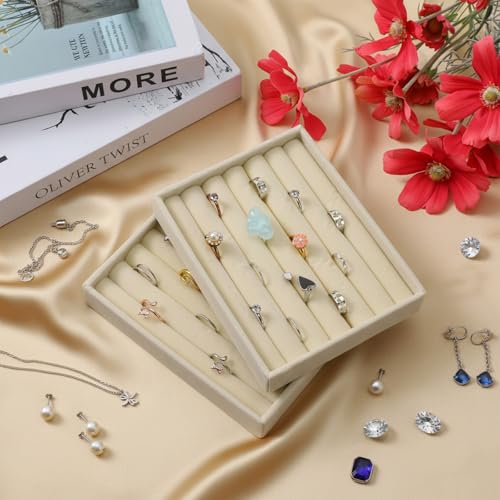 Ring Display Holder, 2 Pcs Small Jewelry Tray Velvet Ring Organizer Stackable Jewelry Organizer Trays Jewelry Drawer Organizers Inserts for Selling Rings Earrings (Beige)