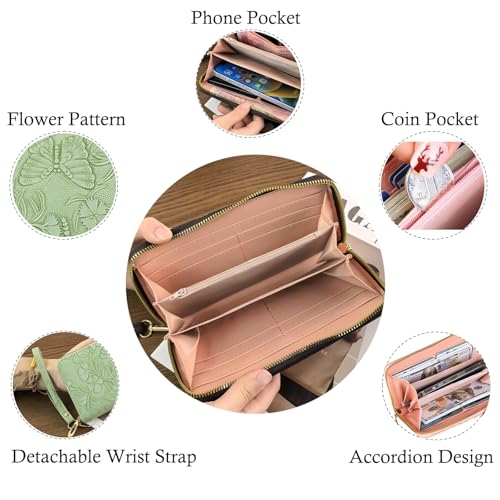 RFID Wallets for Women Wristlet Vegan Leather Long Purse Floral Zip Around Clutch Large Capacity Card Holder - color: Red