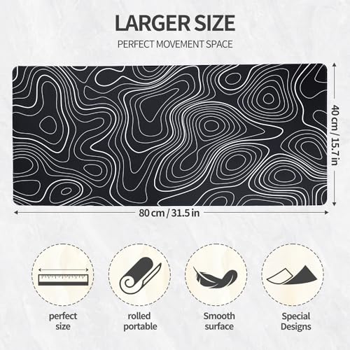 Bloss XL Topographic Mouse Pad Long Desk Mat, Black Mouse Keyboard Pad, Desk Pad, Large Gaming Mouse Mat Non-Slip Rubber (31.5 x 15.7 x 0.12 Inches) - color: Topographic-no Wrist Rest, size: 31.5 in x 15.7 in x 0.12 in