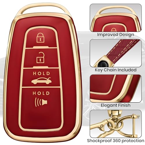 Toyota Key Fob Cover for RAV4, Camry, Highlander, Prius & more – Key Cover + Gold Key Chain Included (Gold & Red)
