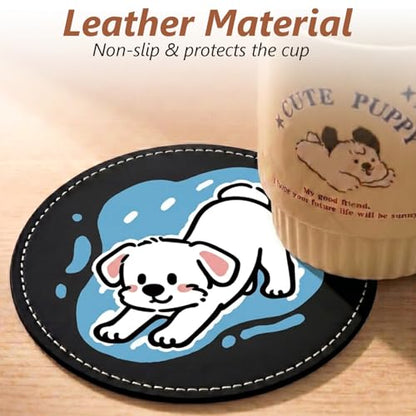 6 Pack Cute Dog Leather Coasters for Drinks, 3.9 Inch Round Drink Cup Mats, Heat Resistant Coasters for Table Protection, Funny Pet Lover Gifts for Men Women - color: Black-6 Pcs