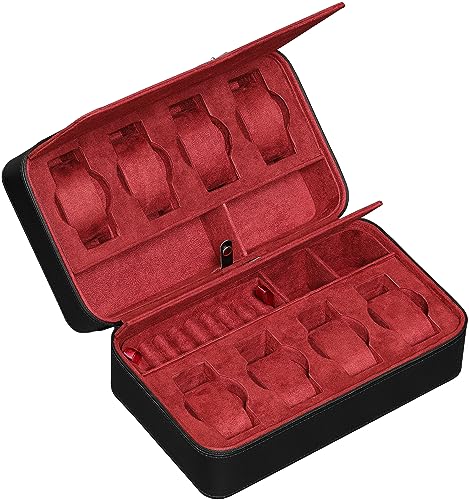 ROTHWELL 8 Watch Travel Case Storage Organizer for 8 Watches, Sunglasses, Rings & Cufflinks |Tough Portable Protection with Zipper Fits Most Wristwatches & Smart Watches Up to 50mm (Black/Red) - color: Black/Red