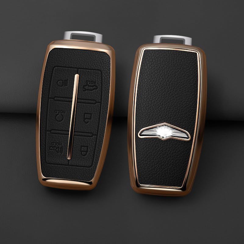 Key Fob Cover for Genesis G70 G80 G90 GV70 GV80 GV90 | Upper Leather + Soft TPU Key Cover Case Shell for Genesis with Keychain (6 Buttons, Black) - color: 6-BUTTONS/BLACK