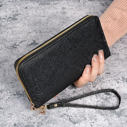 Womens Wallet RFID Wristlet Wallet for Women Cute Floral Leather Credit Card Holder Wallet Ladies Clutch Long Purses - color: A01-black
