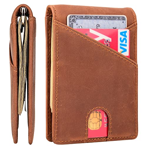 kinzd Slim Wallet with Money Clip RFID Blocking Minimalist Bifold Wallet for Men Genuine Leather Front Pocket Card Holder - color: AS260 - Khaki (Finger Groove)