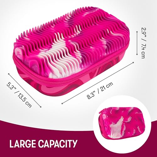 ZIPIT Wavy Pencil Case for Girls, Silicone Sensory Fidget Pencil Box, Pink | Playful box with tactile silicone fidget top, sturdy crack-proof shell, secure zipper, large capacity holds 60 pens & pencils - color: Pink Shapes