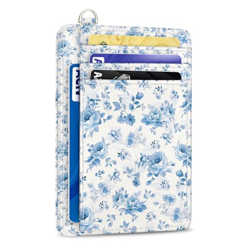 Yonlevres Credit Card Holder Slim Wallet Women Floral RFID Blocking Small | Front Pocket, Handy, RFID Blocking, Woman Girls Ladies Gifts, D-ring for Keychain,Thin Mini Card Case, ID Window, PU Leather - color: Floral Blue
