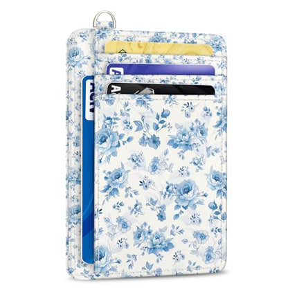 Yonlevres Credit Card Holder Slim Wallet Women Floral RFID Blocking Small | Front Pocket, Handy, RFID Blocking, Woman Girls Ladies Gifts, D-ring for Keychain,Thin Mini Card Case, ID Window, PU Leather - color: Floral Blue