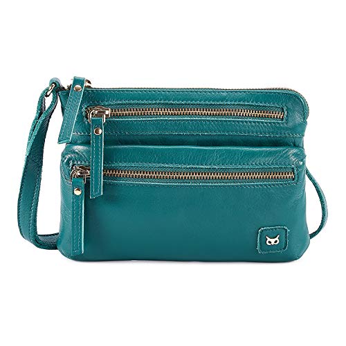 Small Leather Crossbody Bag for Women Adjustable Sling Purse Multi Pocket | Genuine Top Grain Leather, 4 Zip Pockets, Cross Over for Travel, Gift for Women, Phone Pocket - color: Emerald Green Nappa