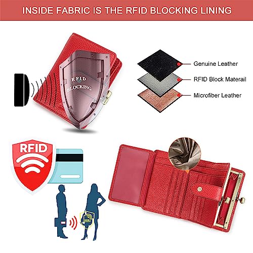CONTACTS Full Grain Leather Kiss Lock Wallet for Women Small Kiss Clasp Coin Purse Red Bifold Card Holder with Rfid Blocking - color: Red