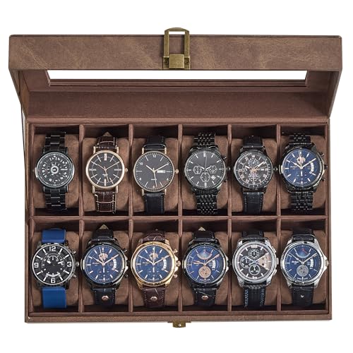 SONGMICS Watch Box, 12-Slot Watch Case with Large Glass Lid | Removable Pillows, Coffee Brown PU Leather, Velvet Lining, Gift for Loved Ones, BRIDIE Collection UJWB120KQ02 - color: Brown + Brown, size: 12 Slot