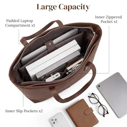 S-ZONE Tote Bag for Women Work Purses Handbags Luggage Strap Large Travel | Padded Laptop Compartment, Multi Pockets, Vegan Leather, Bottom Metal Rivet, Commuting Office Teacher - color: Coffee