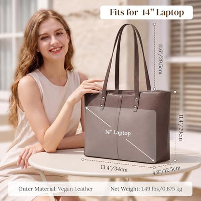 S-ZONE Tote Bag for Women Work Purses Handbags Luggage Strap Large Travel | Padded Laptop Compartment, Multi Pockets, Vegan Leather, Bottom Metal Rivet, Commuting Office Teacher - color: Coffee