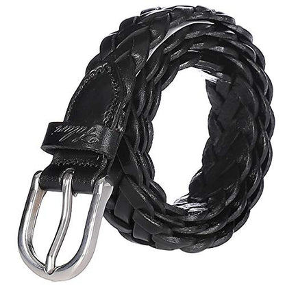 Falari Women's Leather Braided Belt Stainless Steel Buckle - color: Black, size: L 38-40 (fit waist 36-38)
