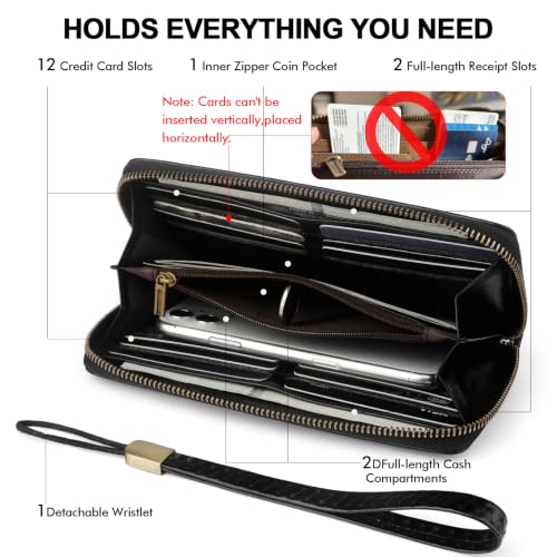 Real Leather Wristlet Wallet Women With RFID Blocking(ypblack) | Large capacity design,12 credit card slots,1 Inner zipper coin pocket,2 Full-length receipt slots,2 cash compartments - color: b1-Oiled leather black