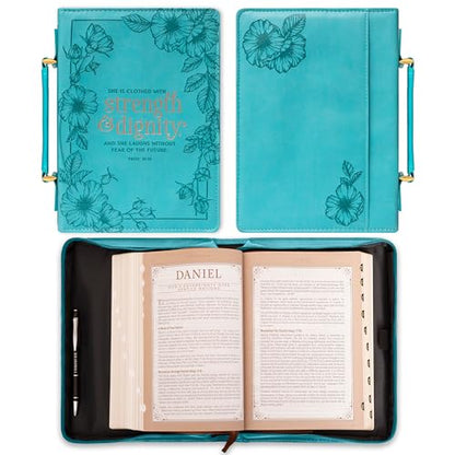 Christian Art Gifts Women's Fashion Bible Cover Strength and Dignity Proverbs 31:25, Teal Faux Leather, XL - size: Extra Large