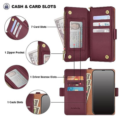 Antsturdy for iPhone 15 Pro Phone Wallet Case Women,Wine Red | RFID Blocking,with Credit Card Holder Slots,PU Leather Purse,Zipper Pocket,Wrist Strap Kickstand,Flip Folio Cover for Men - color: Wine Red