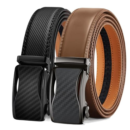 Men's Ratchet Leather Belt 2Pack-Trimmable 1 3/8“-Gift Boxed | Smooth Sliding | Micro Adjustable Fit | Tailored Size | Holeless Understated Elegance - color: 2pack-black/Tawny2569, size: 44"-52"Waist Adjustable