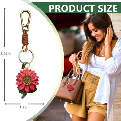 Retro Leather Fruit Leaf Keychain,Bag Charm,Key Organizer for Women - color: Red Daisy