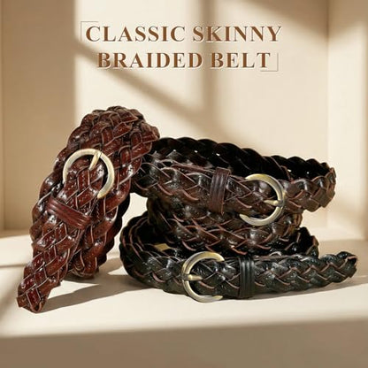 XZQTIVE 2 Pieces Women's Braided Leather Belts Casual 0.9" Skinny Woven Belt for Jean Pant - color: 5 Brass Buckle-bown+tan, size: Fit Pant upto 47in