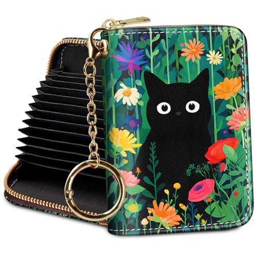 Yonlevres Credit Card Holder RFID Small Wallet Women Keychain Zipper - color: Floral Cat-2