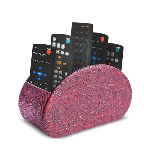 Remote Control Holder, PU Leather Remote Caddy Desktop Organizer with 5 Spacious Compartments for TV Remotes/Media Controllers/Office Supplies (1-Carved3 Red - color: 1-Carved3 Red