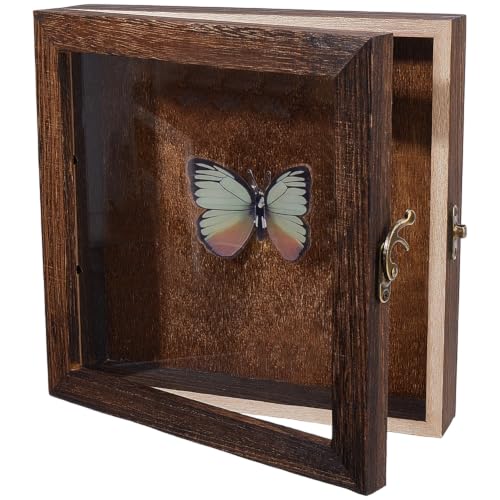 7.87 x 7.87 x 1.77 Inch Shadow Box Frame Display Case Vintage Wooden Storage Box with Glass Lid Metal Clasp Decorative Keepsake Collector Container for Specimen Bouquet Medals Photo - style: 20 x 20 x 4.5cm brown