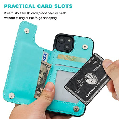ONETOP for iPhone 14 Wallet Case with Credit Card Holder,LightBlue | Kickstand,ID/Cash Holder,Case Wallet with Card Slots,Double Magnetic Clasp,Durable PU Leather Shockproof Cover for Women Men - color: Light Blue