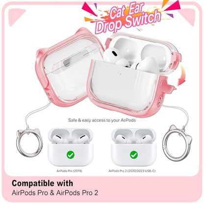 AirPods Pro Case for Women Girly Cat Case Transparent Pink | with Lock, Phone Stand, Keychain & Cleaner Kit, Compatible with Apple Airpods Pro 2nd/1st Generation Case Cover - color: TL-Pink Clear, size: AirPods Pro 2 Case