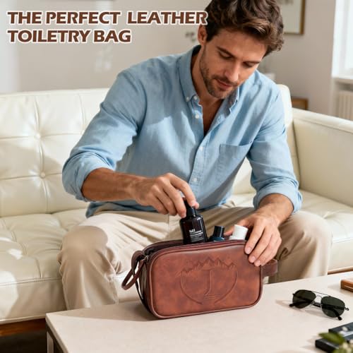 Travel Toiletry Bag for Men Gifts, Engraved Initials Portable Shaving Bag for Bathroom, Large Waterproof PU Leather Toiletry Travel Bag, Best Anniversary Birthday Gift for Men Dad Husband Him(J) - style: J
