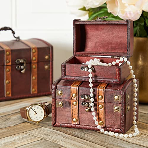 Juvale Treasure Chest Storage Boxes - Dark Brown Wood, Antique Style, Set of 3 - Pirate Chest Decor & Treasure Box for Classroom, Party Decorations & Kids Toy Organization