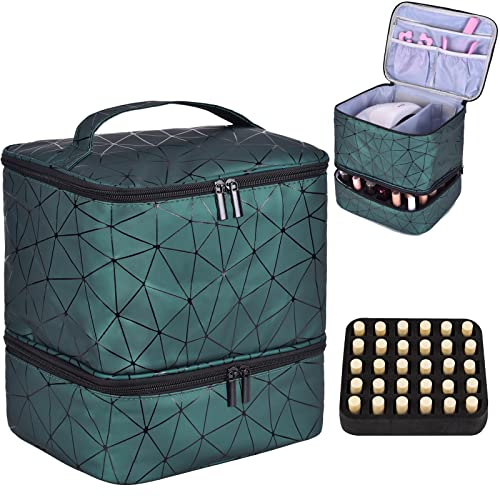 Nail Polish Organizer Holds 30 Bottles (15ml) and 1 Nail Light Nail Polish Carrying Case with Storage Pockets for Manicure Tools Double Layer Nail Storage Travel Bag with Handle (A-Green) - color: A-Green