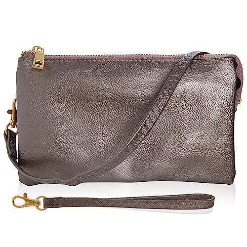 Vegan Leather Crossbody Wristlet Purse for Women - Small Convertible Clutch - color: Gunmetal Bronze