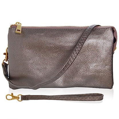 Vegan Leather Crossbody Wristlet Purse for Women - Small Convertible Clutch - color: Gunmetal Bronze