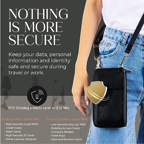 BULL GUARD Crossbody Bag for Women, Leather Phone Wallet Purse with Adjustable Anti Theft Strap & RFID Blocking 12 Card Slots - color: Black Diamond Espresso - Small