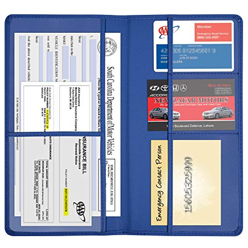 Wisdompro Car Registration and Insurance Holder, Document Card Organizer | PU Leather, Auto Glove Box Folder, Men and Women Wallet Case for Vehicle Driver License, Paperwork, Paper, ID, Receipt - color: Blue