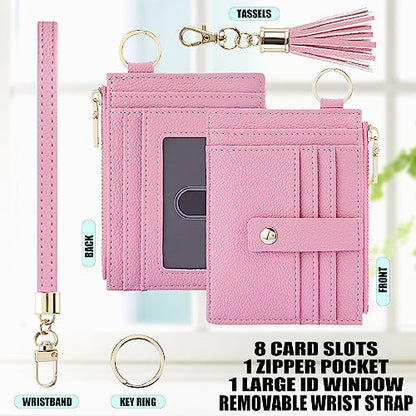 Wristlet Keychain Wallet for Women Slim Rfid Blocking Credit Card Holder Wristlet Zip Id Case Wallet Small Compact Leather Wallet Coin Purse for Women (Pink) - color: Pink