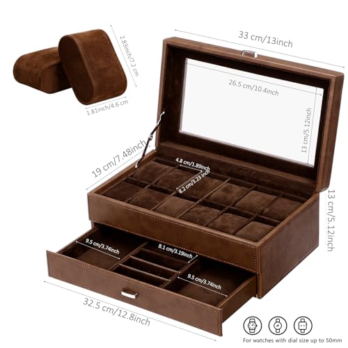 BEWISHOME Watch Cases for Men, 12-Slot Watch Box with Large Glass Lid | 2-Layer Watch Case Organizer with Removable Pillows, Watch Box for Men, Watch Storage, Watch Holder Espresso Lining SSH12Z