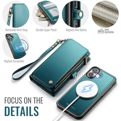 Defencase for iPhone 16 Phone Case Wallet Compatible with Magsafe, Green | Magnetic Detachable, Drop-Proof Protective Wallet Cases Cover, with RFID Bolcking Card Holder, Zipper Strap, Soft PU Leather - color: (Detachable with Magsafe)-Blue Green